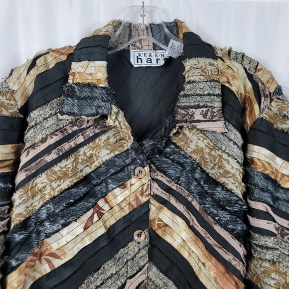 80's Keren Hart Women's Blazer Jacket Black Size Small Black Gray Fabric Strips - Picture 2 of 14